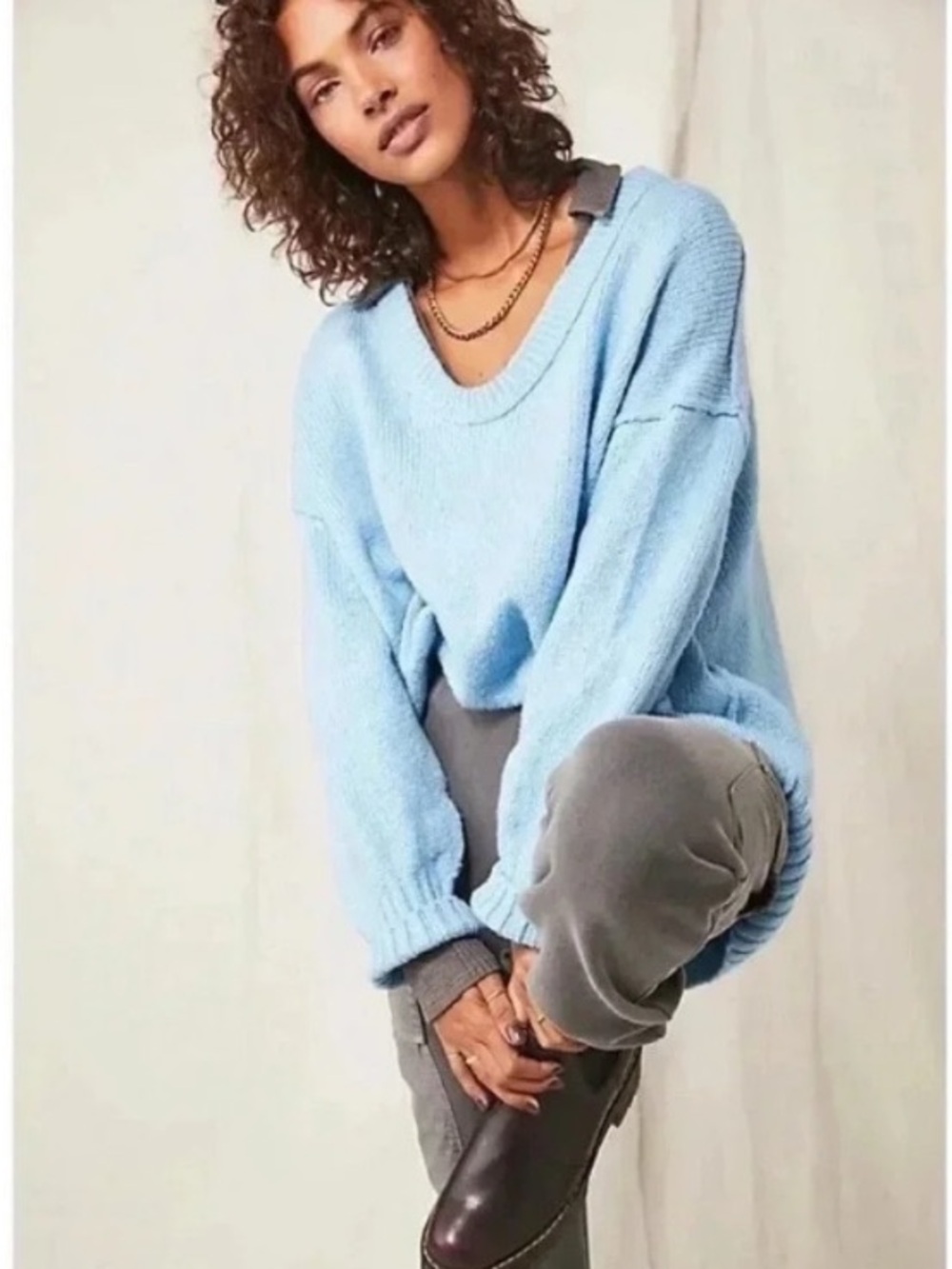 Free People Light Blue Scoop Neck Knit Sweater